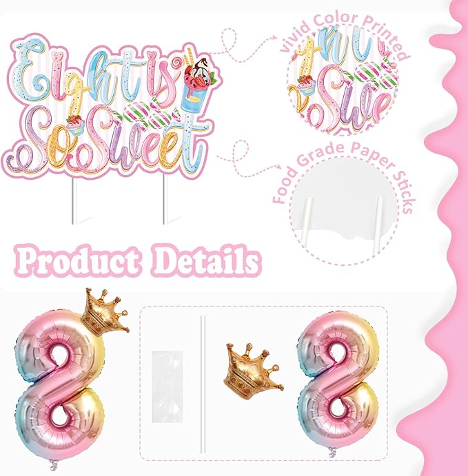 Sweet Sassy And Eight Birthday Decorations- 8th Birthday Decorations For Girls With Donut Banner Sweet Cake Topper 8th Foil Balloon For 8th Donut Themed Party Decor Sweet Eight Party Supplies