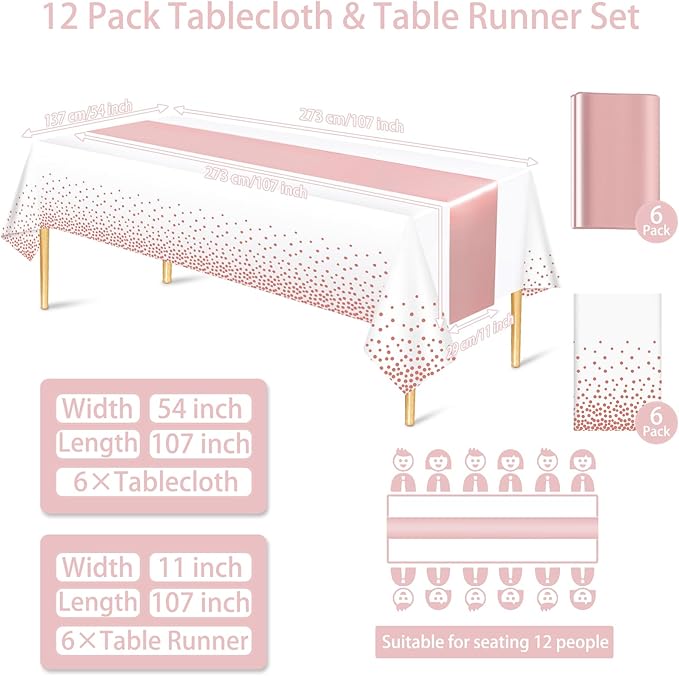 12 Pack Rose Gold Color Tablecloth Table Runner Set, Disposable Tablecloth, White & Rose Gold Dot Pink Satin Table Runner for Wedding Birthday Anniversary Party Decorations