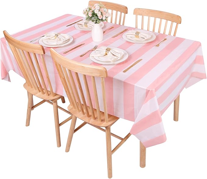 Kesfey 3 Packs Pink and White Horizontal Striped Table Cloth 54 x 108 Inches Pink Stripe Tablecloths Disposable Plastic Stripe Table Covers Waterproof Rectangle Picnic Tablecover for Birthday Party