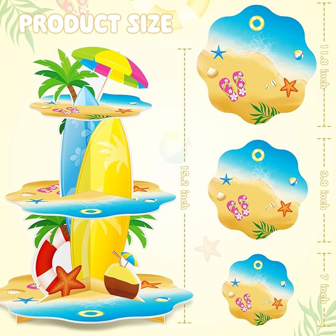 Summer Beach Luau Hawaiian Cupcake Stand Decorations 3 Tier Pool Theme Cake Holder Dessert Stand Tower for Kids Office Classroom Beach Birthday Party Baby Shower Wedding Party Supplies