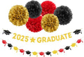 Red Black-Gold Party-Decoration Graduation Banner - 8pcs Kits Cap Garland Streamers, Paper Tissue Pom Poms Flowers, 2025 Craduate Banner Congratulations Grad Decor Lasting Surprise