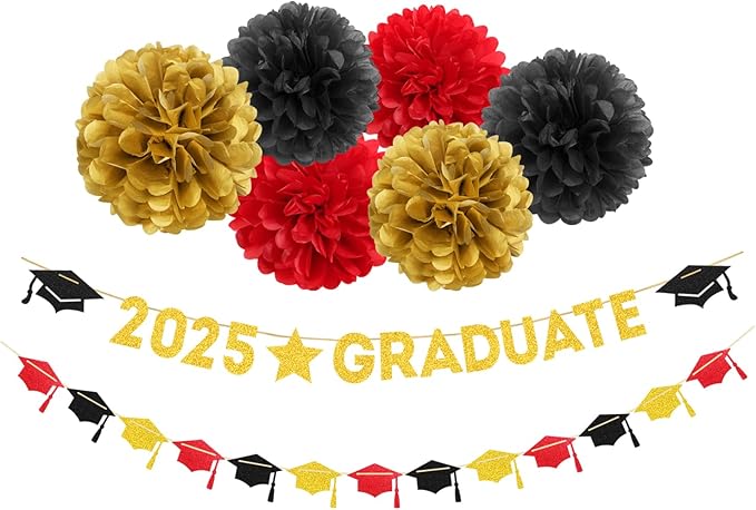 Red Black-Gold Party-Decoration Graduation Banner - 8pcs Kits Cap Garland Streamers, Paper Tissue Pom Poms Flowers, 2025 Craduate Banner Congratulations Grad Decor Lasting Surprise
