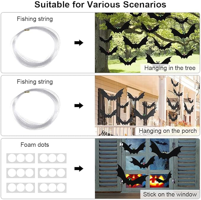 (18 Pcs) Hanging Bats Halloween Decoration Outside, Large Flying Plastic Bats Outdoor Decor, 3 Different Sizes with Cute Eye Stickers for Hanging in The Tree, Porch, Yard, Lawn, Indoor