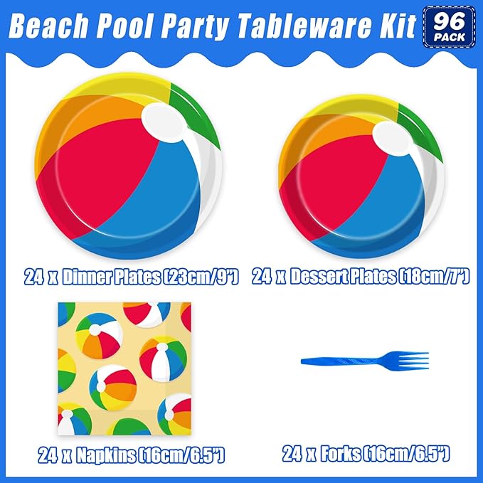 96 Pcs Summer Pool Beach Party Paper Plates Napkins, Beach Pool Ball Party Decorations Supplies Disposable Dinnerware Tableware for Kids, Serves 24