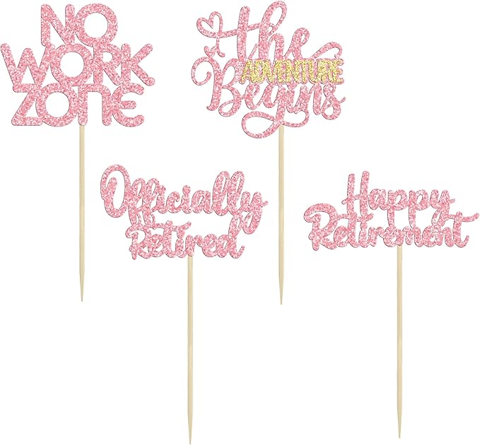 24Pcs Happy Retirement Cupcake Toppers Officially Retired No Work Zone Adventure Begins Cupcake Pick Decorations Retirement Theme Farewell Birthday Party Decorations Supplies Pink
