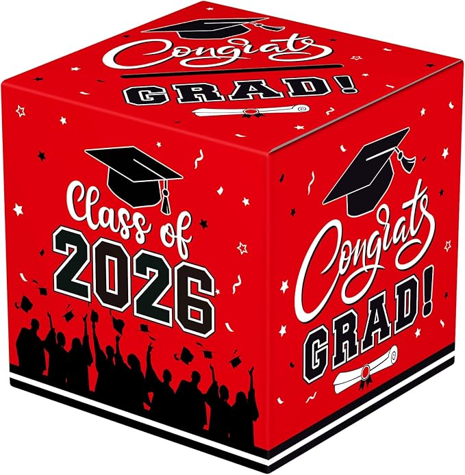 Graduation Card Box 2026 - Congrats Grad Card Boxes Holder, Red Class of 2026 Graduation Gift Cards Box for Graduation Party Decorations 2026 Favors Decor Supplies Props,9x 9 x 9 inches