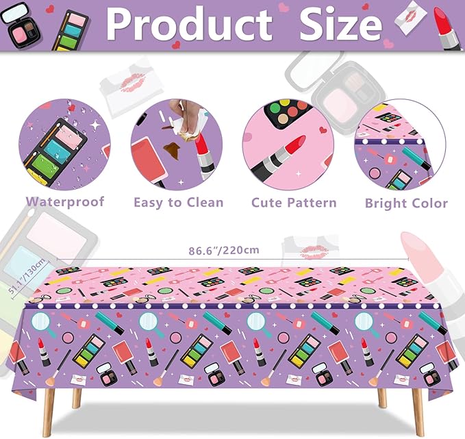 4 Pack Spa Theme Tablecloth Makeup Party Tablecovers 51 x 86 '' Disposable Plastic Makeup Theme Table Cover for Girls Spa Party Birthday Decorations Baby Shower