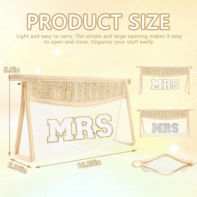 Bride Patch MRS Clear Makeup Letter Bag, Boho Patch Waterproof Zipper Make up Bag Toiletry Pouch for Women Girls, Clear Letter Patch Cosmetic Bags Transparent Organizer Pouch for Travel(MRS, Beige)
