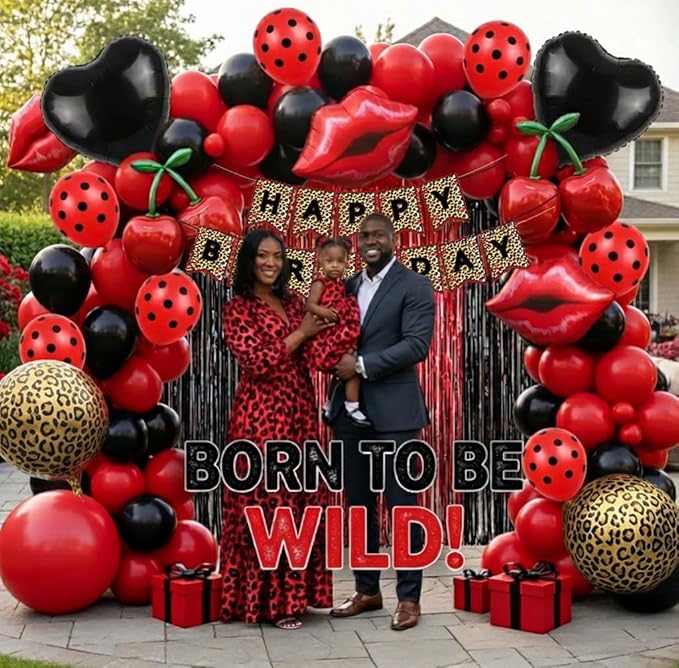 Leopard print party decorations with Red Black polka dot Balloon Arch & lips cherries black hearts foil balloons & banner foil Tinsel Fringe for Girls Woman cheetah print Birthday decorations (Red)