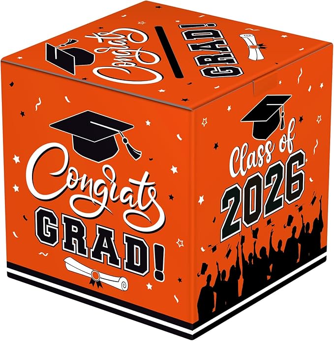 Graduation Card Box 2026 - Congrats Grad Card Boxes Holder, Orange Class of 2026 Graduation Gift Cards Box for Graduation Party Decorations 2026 Favors Decor Supplies Props, 9x 9 x 9 inches