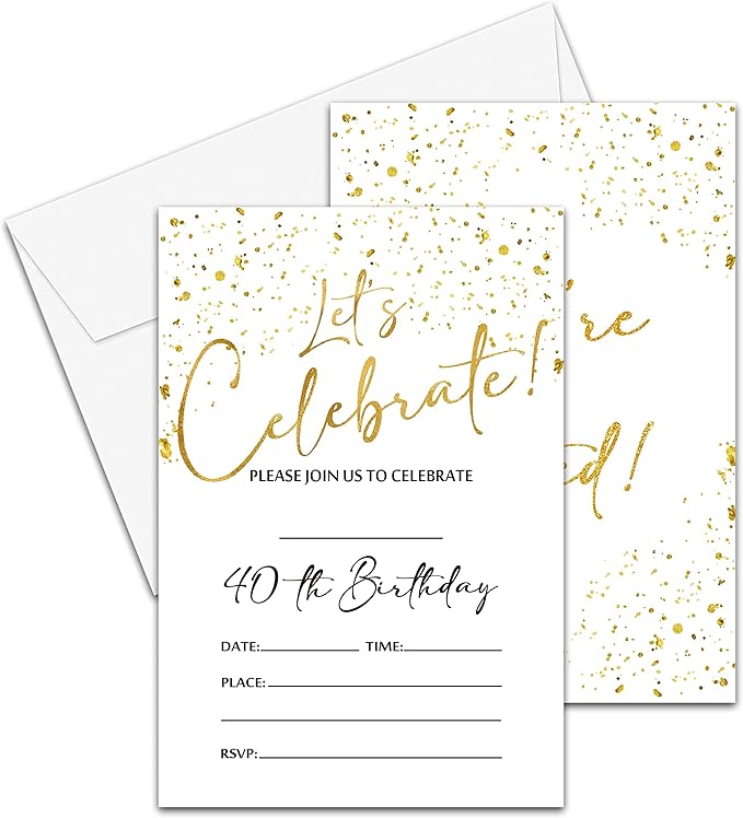 40th Birthday Invitations Cards, 4"x 6" White and Gold Confetti Birthday Party Invites with Envelopes for Party Decorations Supplies(20 Pieces) -D11