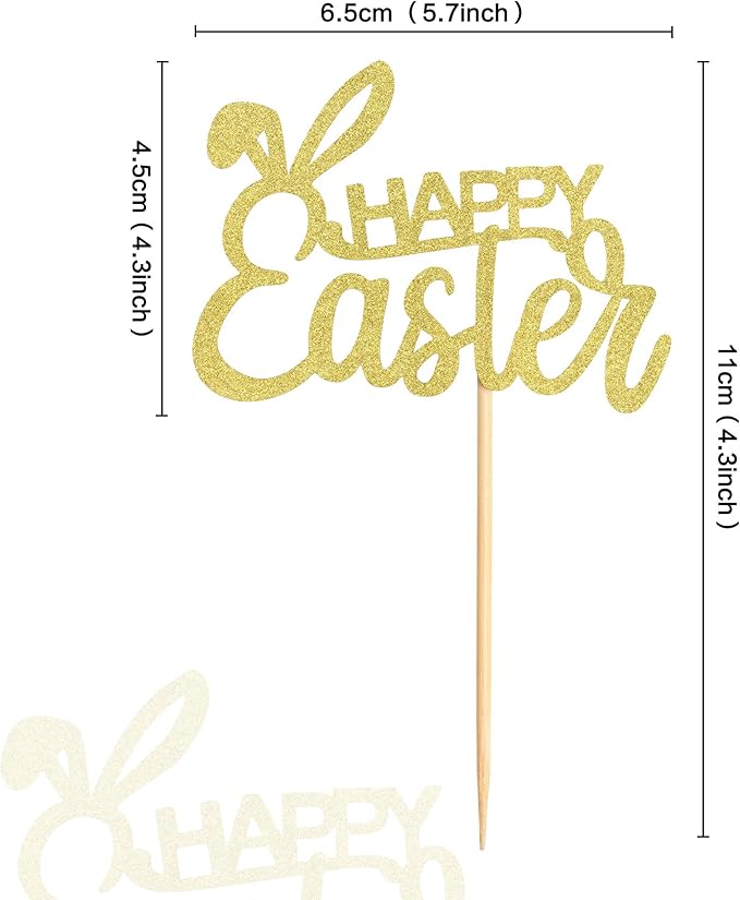 Ercadio 36Pcs Glitter Golden Happy Easter Cupcake Toppers Rabbit Happy Easter Bunny Cupcake Picks for Easter Day Theme Baby Shower Easter Birthday Wedding Anniversary Party Cupcake Decorations