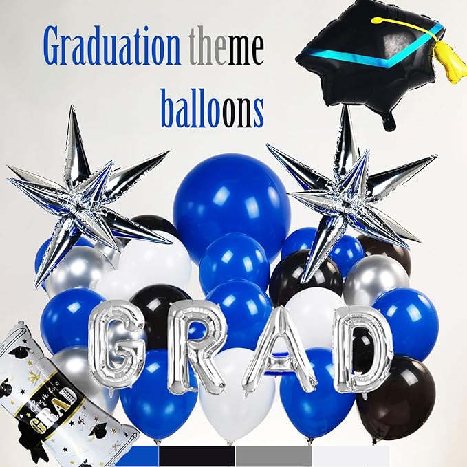 Royal blue and black white silver balloon kit 110PCS with graduation cap star letters Balloons for Congratulations Class of 2026 Graduation Party Decorations Grad Ceremony Prom Party Decorations