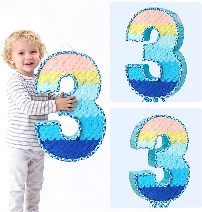 WERNNSAI Number 3 Piñata - Ombre Blue Three Piñata Birthday Party Game with Stick Blindfold for Kids Boys Girls 3rd Birthday Party Decorations（16.3" x 11.2" x 3")