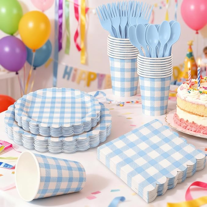 175 PCS Blue Gingham Party Supplies Includes Light Blue Gingham Paper Plates, Cups, Napkins, Cutlery for Wedding Bridal Shower Birthday Baby Shower Party Decorations, Serves 25