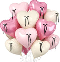 Pink Heart Balloons, 10 Pcs Pastel Pink Cream Heart Shaped Balloon with Black Bow Ribbon, 18 Inch Pink Sand White Foil Balloons for Girls Women Brithday Baby Shower Wedding Valentines Party Decoration