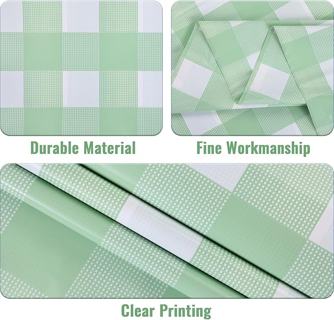 Kesfey 12 Packs Sage Green Gingham Tablecloth Sage Green and White Checkered Table Cloths 54 x 108 Inches Disposable Plastic Gingham Tablecovers Waterproof Picnic Camping Table Covers for Baby Shower