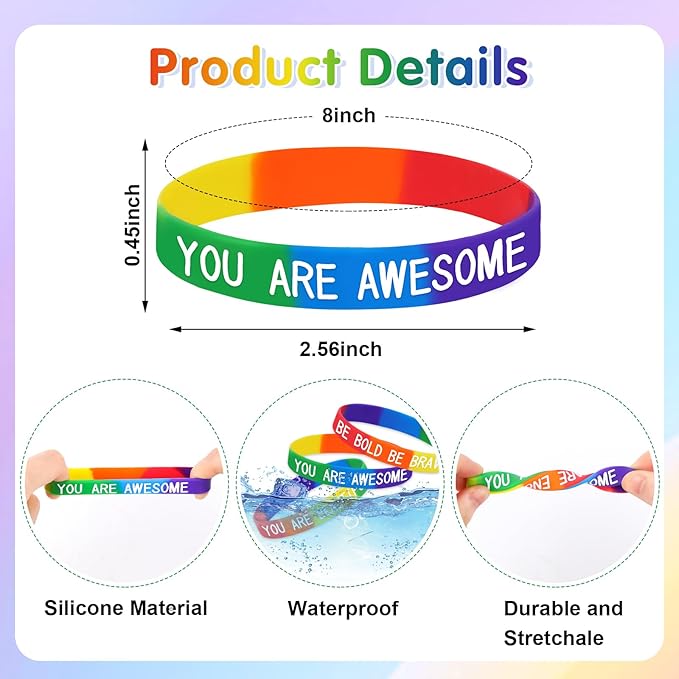 JUNEBRUSHS 42pcs Motivational Silicone Bracelets Rainbow Colors Inspirational Accessories Wristbands for Kids Teens Teacher Classroom Home Office Party Favor Gifts Supplies (14 Designs)
