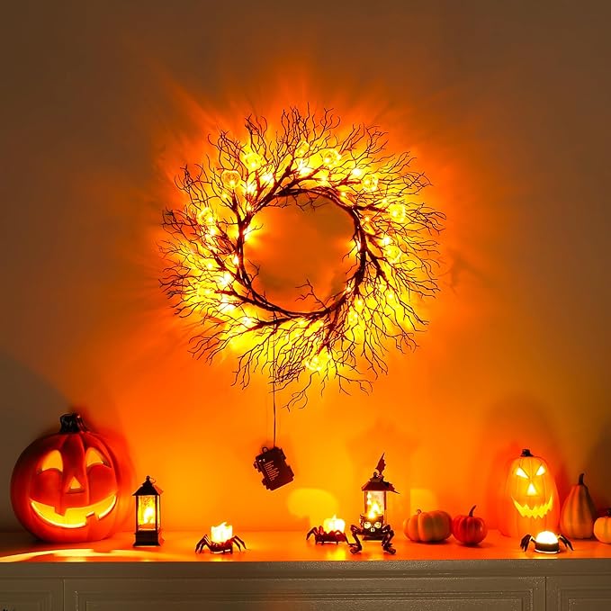 Joyhalo Halloween Garland with Lights Decorations with Pumpkin Lights,Battery Operated 6FT 47 LED Halloween Willow Vine Twig Garland for Mantle,Wall,Fireplace and Halloween Decorations