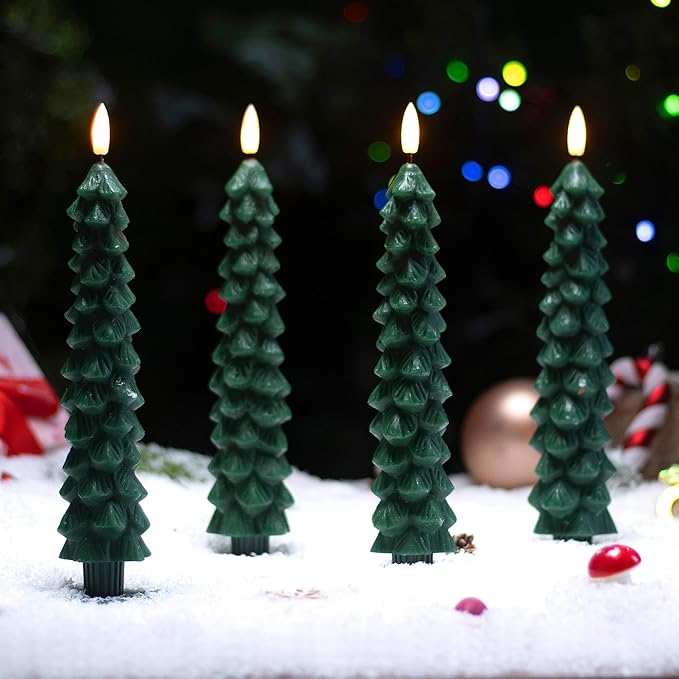 4 PCS Flameless Christmas Tree Candles with Remote Timer, Real Wax Flameless Taper Candles 9.65 Inch, LED Candlesticks with 3D Flickering Flame, Christmas Decor Candles Battery Operated