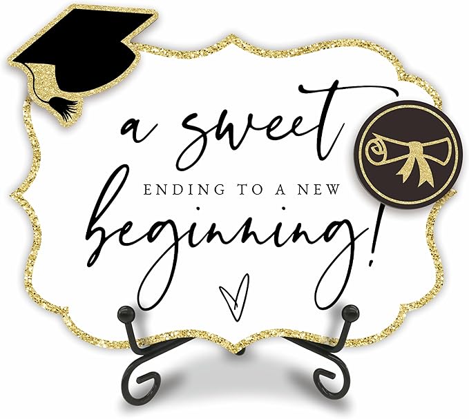 A Sweet Ending To A New Beginning - 5"X7" Graduation Wooden Buffet Sign, Candy Sign With 1 Metal Support，2 DIY Wood Decor With Velcro, Grad Party Decor & Supplies(Gold) - B01