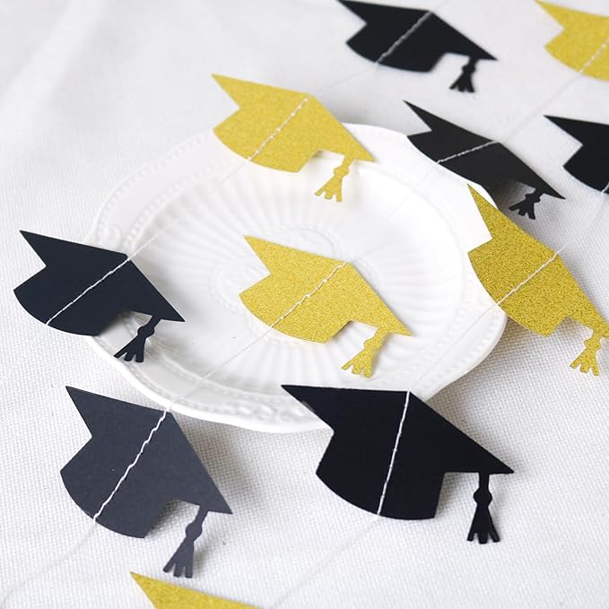 Black and Gold Graduation Garland Graduation Party Decorations Class of 2026 Grad Cap Garland Banner Streamers for Grad Party Hanging Decorations 39Feet