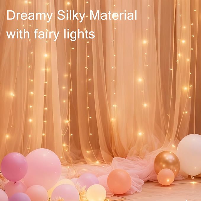 Champagne Tulle Backdrop Curtain with Lights, Elegant Sheer Photo Backdrop Drapes, Soft Fabric Curtain for Weddings Brithday Baby Shower Parties Photography Background Decor, 10ftx8ft
