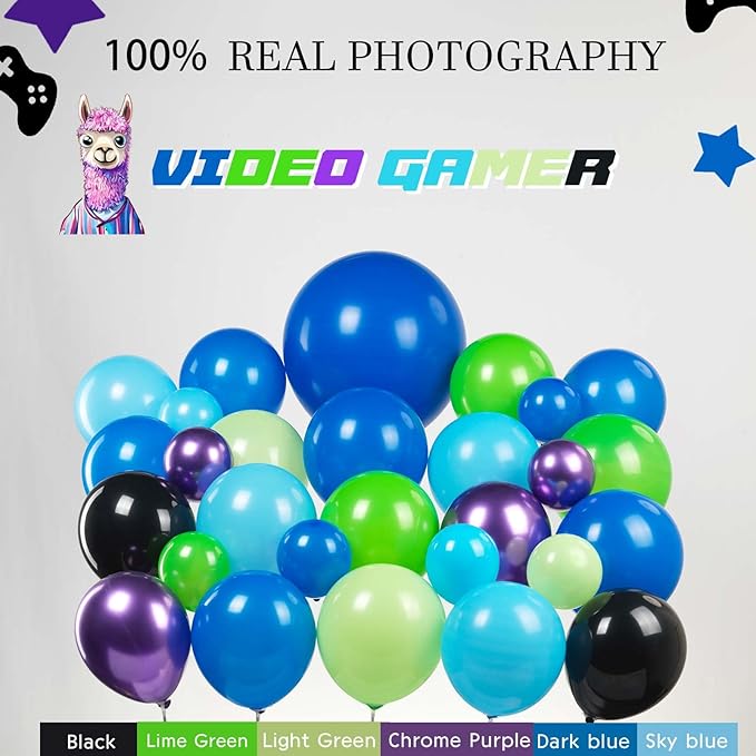 Video game balloon garland arch kit 140pcs purple blue green black balloons with Diy star controller mylar balloon for gamer night Birthday party decorations