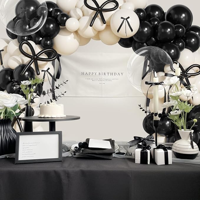 JOGAMS 175Pcs Black Bow Balloons Arch Kit with 260 Clear Disco Ball Balloons Black Ribbon Bow for Bow Coquette Birthday Baby Shower Decorations Bachelorette Bridal Shower Party
