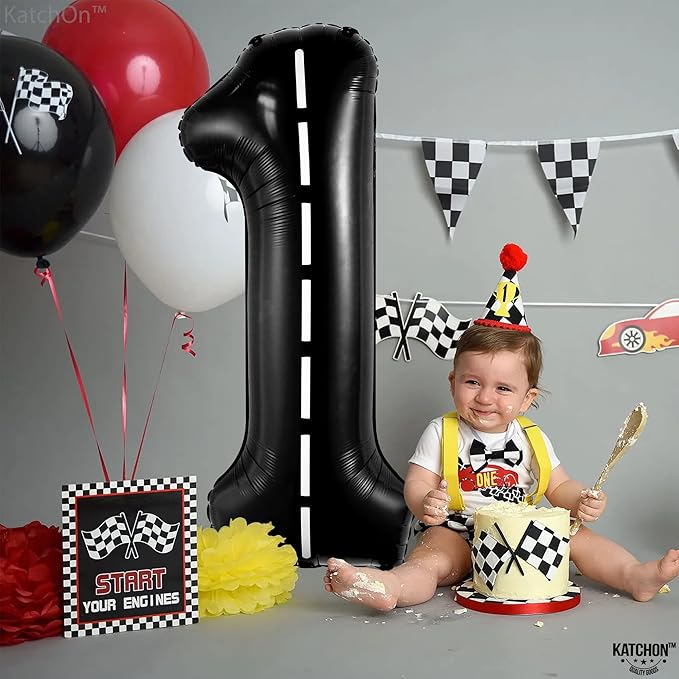 KatchOn, Giant, Checkered 1 Balloon - 40 Inch | Black Number 1 Road Balloon | Fast One Birthday Decorations for Boys | One Happy Dude Balloons, 1 Happy Dude Birthday Decorations | Race Car 1 Balloon