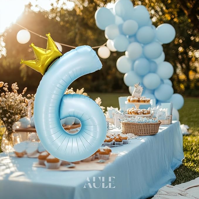 AULE 40 Inch Big Light Blue 6 Balloon Number with Crown Large Foil Helium Number Balloons 0-9 Jumbo Giant Happy 6th Birthday Party Decorations Huge Mylar Anniversary Party Supplies