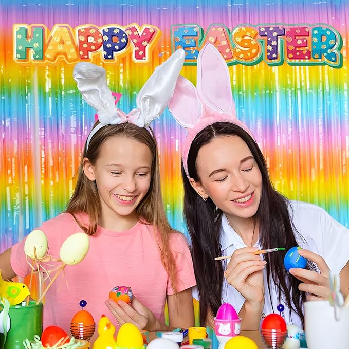 BRAVESHINE Colourful Tinsel Fringe Curtains - 2Pcs 3.2x8.2ft Holidays Photo Booths Streamers Backdrop for Easter/Princess/Pastel/Classroom/Bunny/Girl/Unicorn/Birthday/Bridal Shower Party Decorations