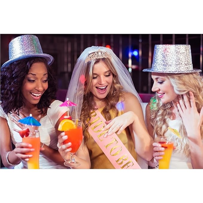 CIEHER Bachelorette Party Favors - White Veil, Bride to Be Sash & Crown for Bridal Shower Decoraions Wedding Party Gifts - Rose Gold Bridal Sash