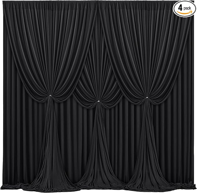 16x10FT Black Backdrop Curtains for Wedding Parties, Wrinkle Free Polyester Photography Backdrop Drapes for Wedding Baby Shower Birthday Parties Stage Background Stand Decorations 4x10ft, 4 Panels