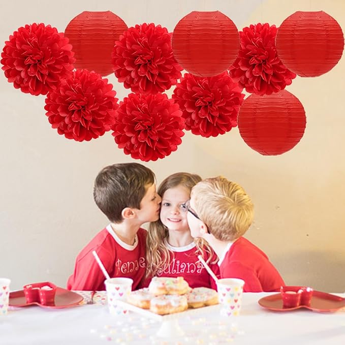 Red Valentines Day Paper Flowers Tissue Pom Poms Hearts Honeycomb Lanterns 15pcs Galentines Party Decorations Anniversary Love Birthday Wedding Baby Shower Hanging Supplies Mprocherify