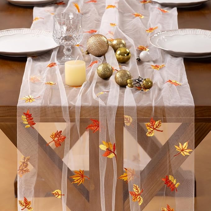 Socomi 3pcs Falll Thanksgiving Table Runner Maple Leaf Tulle Gauze Cheesecloth Embroidery Sheer Table Runners for Wedding Party Baby Shower Birthday Holiday Picnic Home Decor