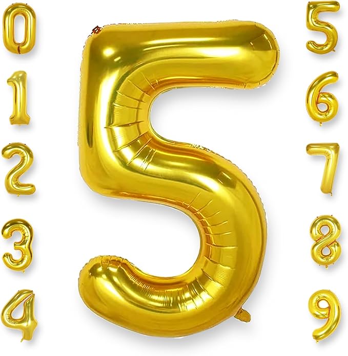 AULE 40 Inch Big Gold 5 Balloon Number Large Foil Helium Number Balloons 0-9 Jumbo Giant Happy 5th Birthday Party Decorations for Boy or Girl Huge Mylar Anniversary Party Supplies