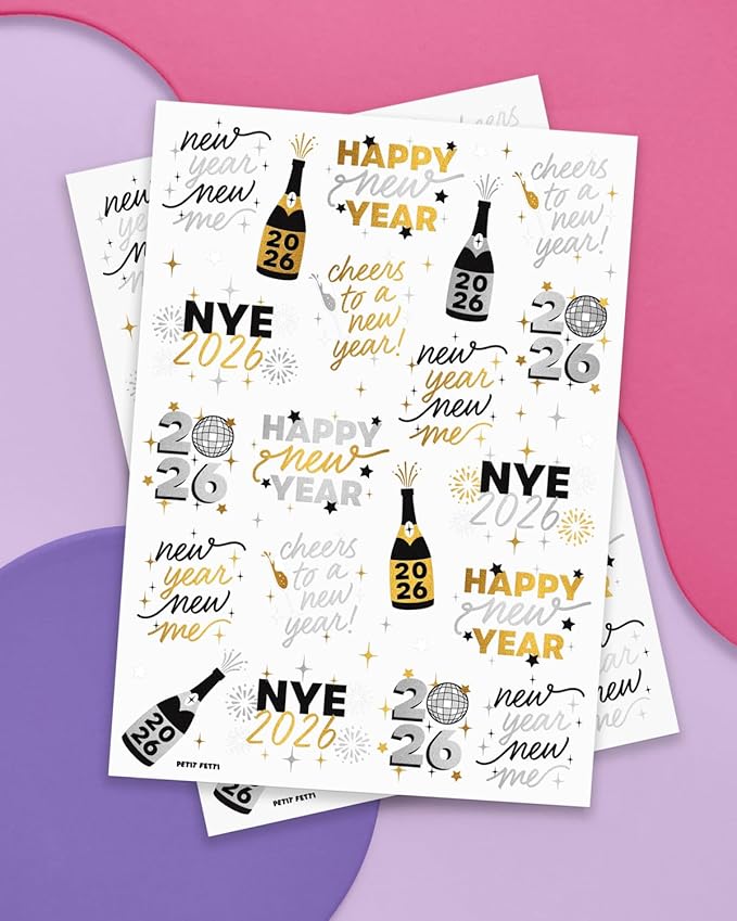 xo, Fetti New Year's Eve Party Supplies Tattoos - 40 Gold and Silver Foil Styles | NYE Party Favors, Disco Celebration Decorations, NYE 2026 Decor