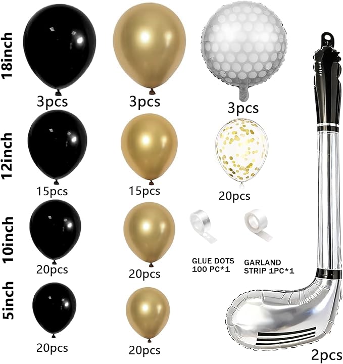 Hole in One Balloon Garland Arch Kit - 146 Pcs Black, Gold & Confetti Balloons with Golf Cart & Ball Foil Balloons for Golf Themed Retirement, Birthday, Country Club, New Year Events