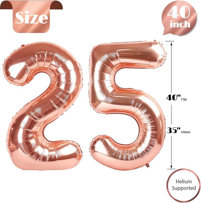 25 Balloon Number, Rose Gold Number 25th Birthday Balloons 40 Inch, 25 or 52 Years Old Rose Gold Birthday Decorations for Men Women, 25th Anniversary Decorations