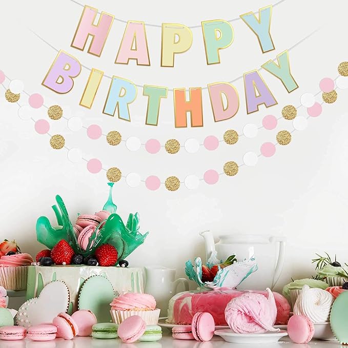 Pre-Strung Happy Birthday Banner and Decorations-Girls Toddler Birthday Decorations-Happy Birthday Banner and Dot Garland Pastel Colors