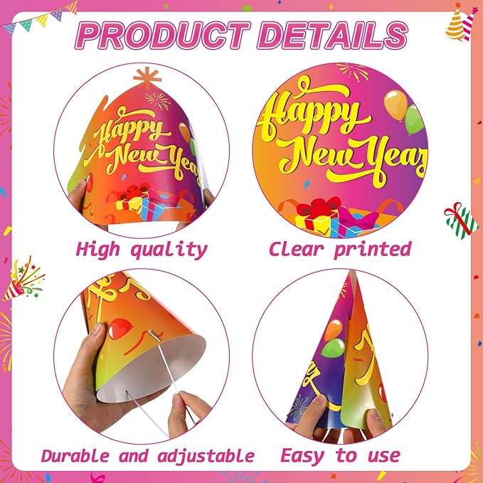 36 Pcs Happy New Year Party Favors 2026 Neon New Year Eve Party Supplies for Adults & Kids,12 Neon Cone Hats and 24 Paper Glasses Fun Decoration Props for NYE Decorations