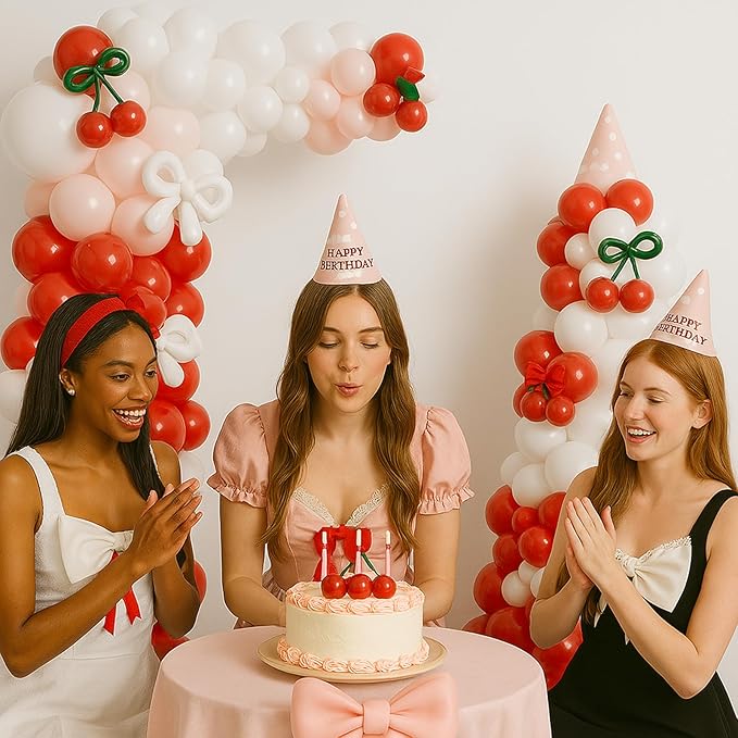 CROSSFINGERS Cherry Red Balloon Garland Arch Kit, Bow Pastel Pink and White Birthday Balloons Garland for Cherry Themed Birthday Baby Shower Wedding Galentine's Bridal Shower Party Decorations