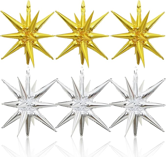 6PCS Gold Silver Star Balloons, 22Inch Large Star Balloon Foil Spike Cone Balloon for Birthday Anniversary Festival Christmas New Year Party Decorations
