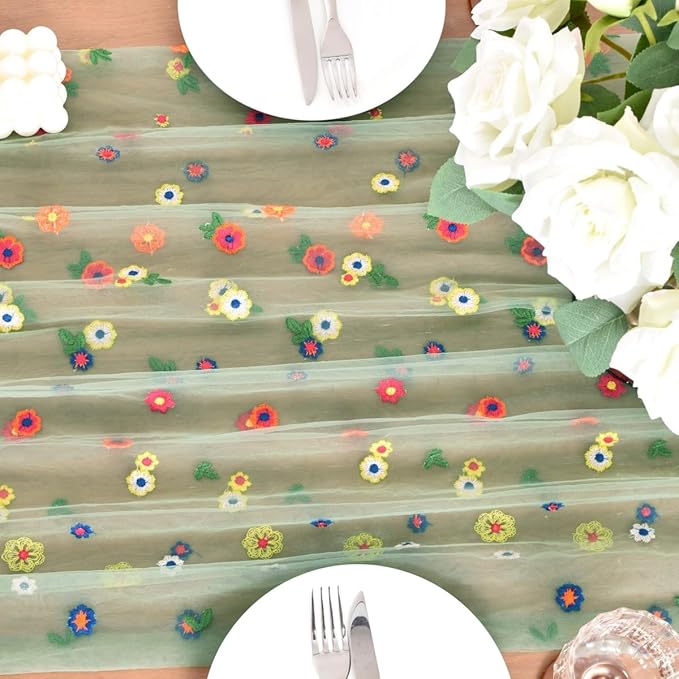 Joanlody Sage Green Embroidery Daisy Spring Summer Table Runner Florals Seasonal Easter Tulle Table Runner Holiday Kitchen Dining Table Decoration for Home Party Indoor