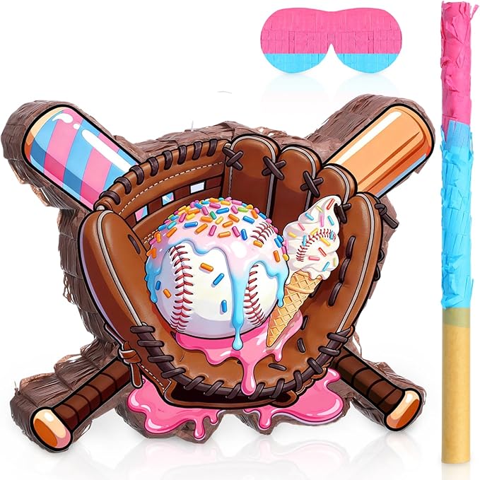 Jexine Ice Cream Drip Baseball Piñata Set Ice Cream Sport Party Supplies Fiesta Piñata Bundle with Blindfold Bat Stick for Summer Sport Baseball Drip Birthday Party Event Supplies Decor