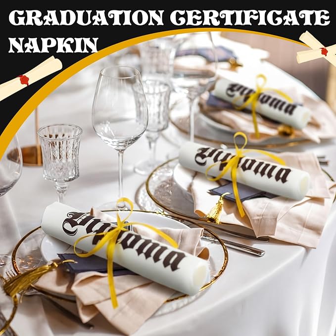 100 Set Graduation Diploma Guest Napkins Gold Rolled Silverware Disposable Grad Award Dinner Napkin with Ribbon and Scissors for Celebration