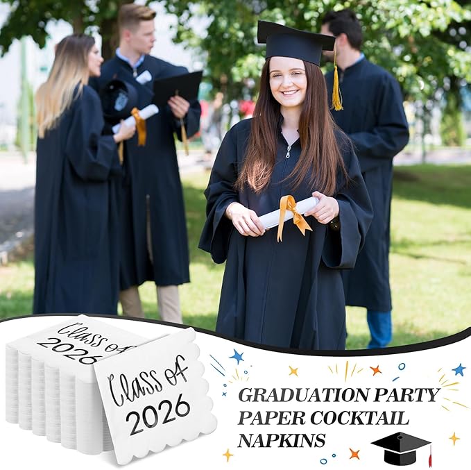100 Pcs Class of 2026 Graduation Cocktail Napkins 5 x 5 Inch Congrats Grad Scalloped Paper Napkins for Dinner Beverage Graduate Decorations(Black)