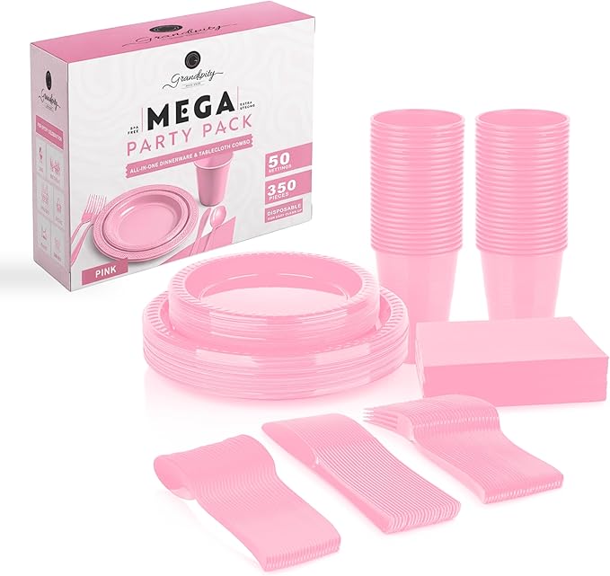 Grandipity 350 Piece Pink Disposable Dinnerware Set, Includes 50 of Each: 9" Dinner Plates, 7" Dessert Plates, 12oz Cups, Paper Napkins, Forks, Knives & Spoons