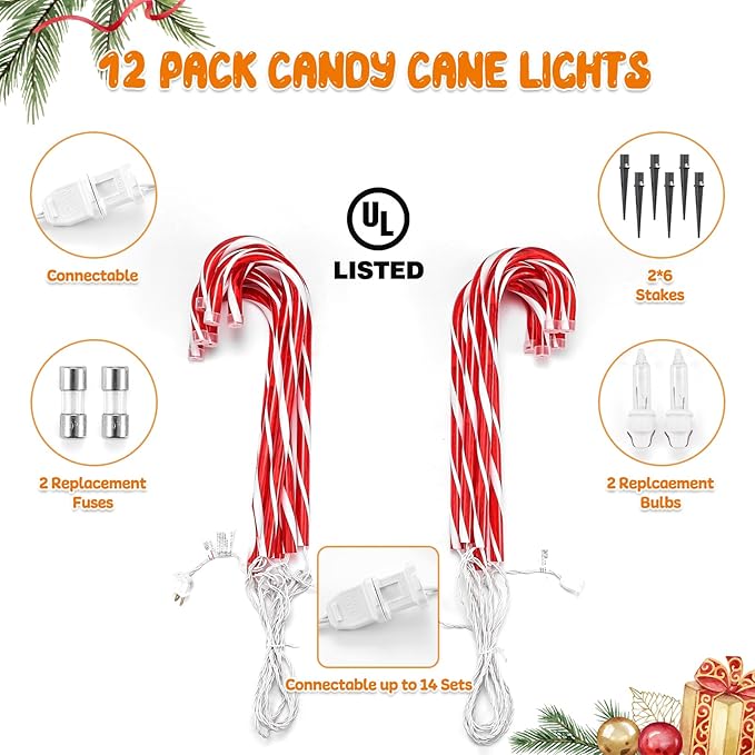 Christmas Candy Cane Lights Outdoor Pathway，12Pack Light up Candy Canes 16" Christmas Sidewalk Walkway Lights with 72 Incandescent Large Lighted Candycane Outdoors Decorations Yard Stakes